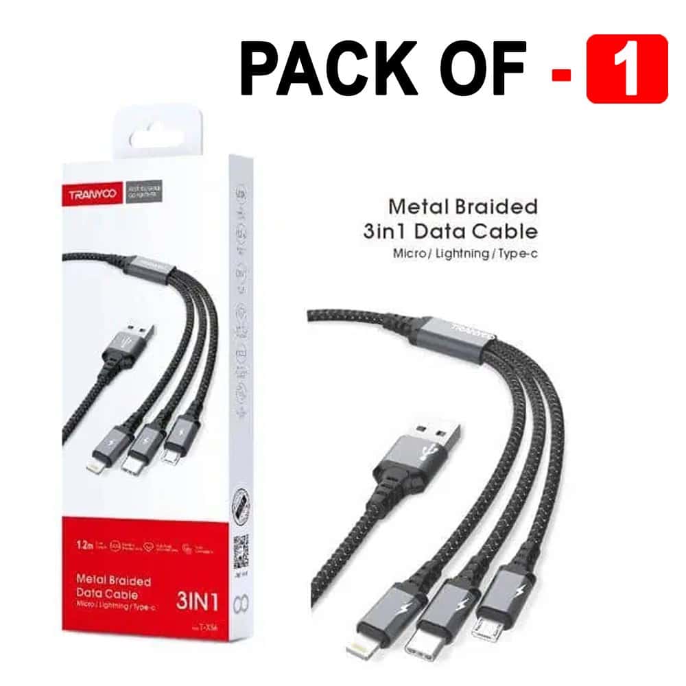 1X 10X 20X TRANYOO (T-XS6) 1.2M 3 in 1 Fast Charging Braided Multi Charger Cable 1X 10X 20X TRANYOO (T-XS6) 1.2M 3 in 1 Fast Charging Braided Multi Charger Cable